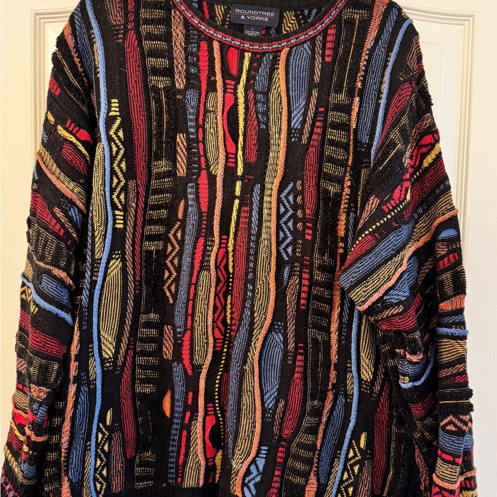 Vintage 90s Coogi-style Knit Stripe Sweater Black Red Orange Yellow Blue